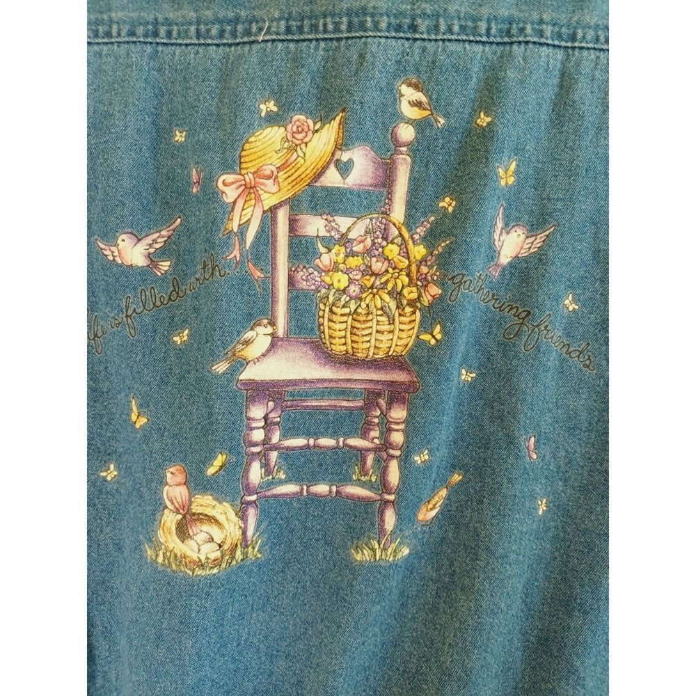 Ptny Denim Shirt 3X‎ Bird Floral Garden Artsy Short Sleeve Cottagecore Applique - Picture 4 of 10